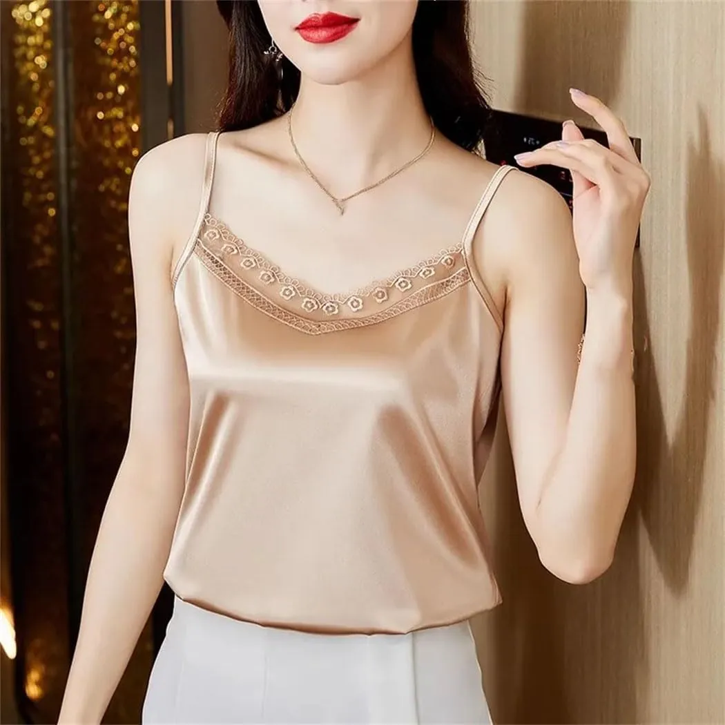 Women's V-Neck Lace Patchwork Sleeveless Camisole Top Elegant Backless Casual Satin Vest Basic Clothing