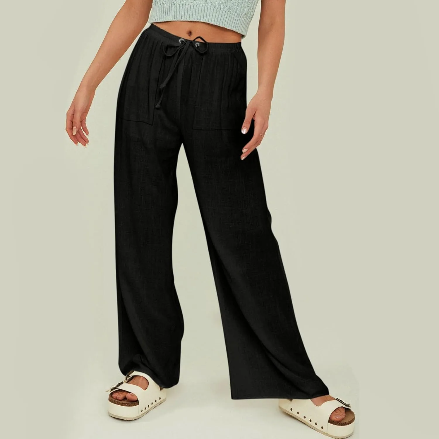 Women's Wide Leg Linen Pants Fashion 2025 High Waisted Casual Palazzo Summer Loose Outfits Lounge Beach Trousers