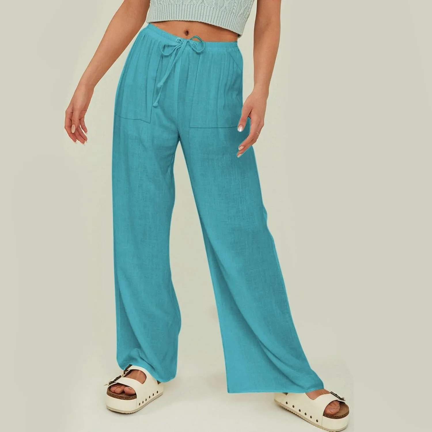 Women's Wide Leg Linen Pants Fashion 2025 High Waisted Casual Palazzo Summer Loose Outfits Lounge Beach Trousers
