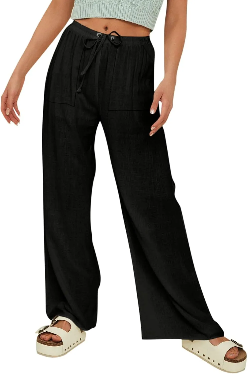 Women's Wide Leg Linen Pants Fashion 2025 High Waisted Casual Palazzo Summer Loose Outfits Lounge Beach Trousers