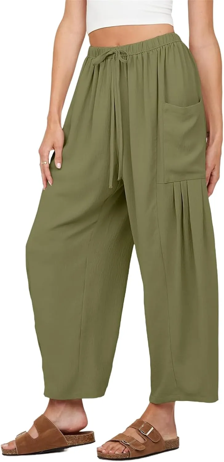Womens Wide Leg Pants Fashion Baggy Drawstring High Waisted Pants Breathable Comfy Solid Casual Pant with Pockets
