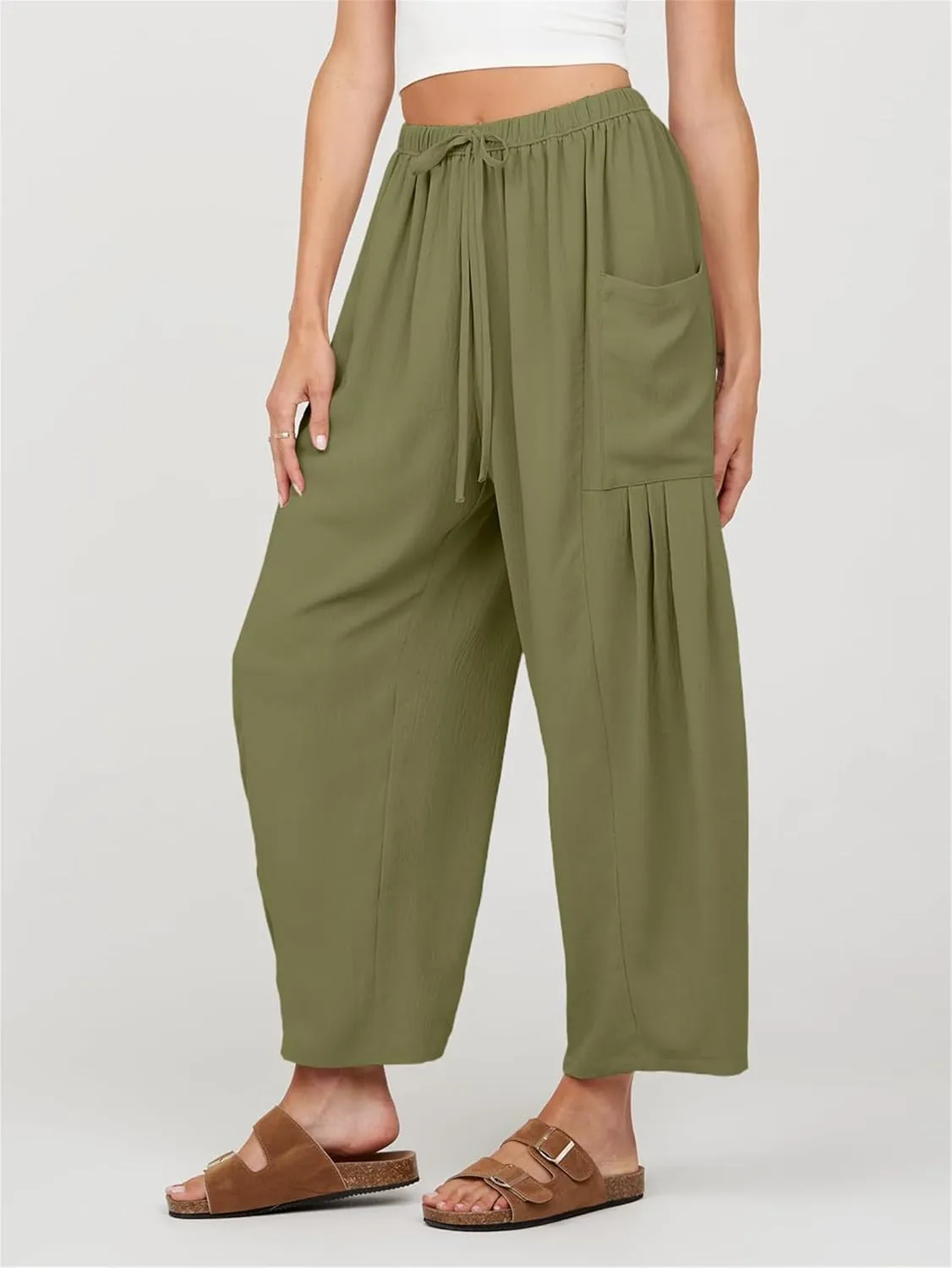 Womens Wide Leg Pants Fashion Baggy Drawstring High Waisted Pants Breathable Comfy Solid Casual Pant with Pockets