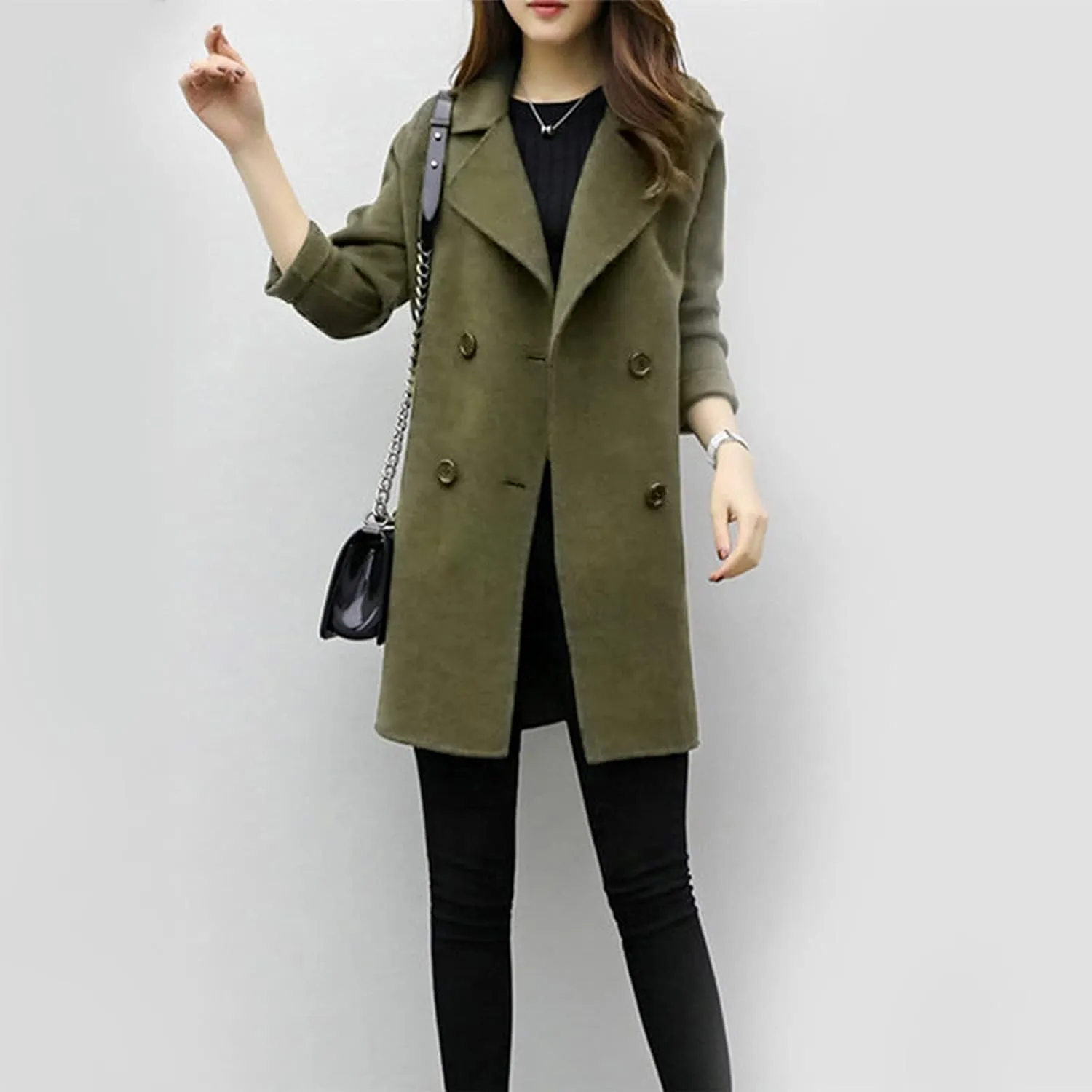 Women's Winter Fashion Coats Solid Color Woolen Coat Casual Long Jacket Outwear Cardigan Slim Trench Coat Overcoat
