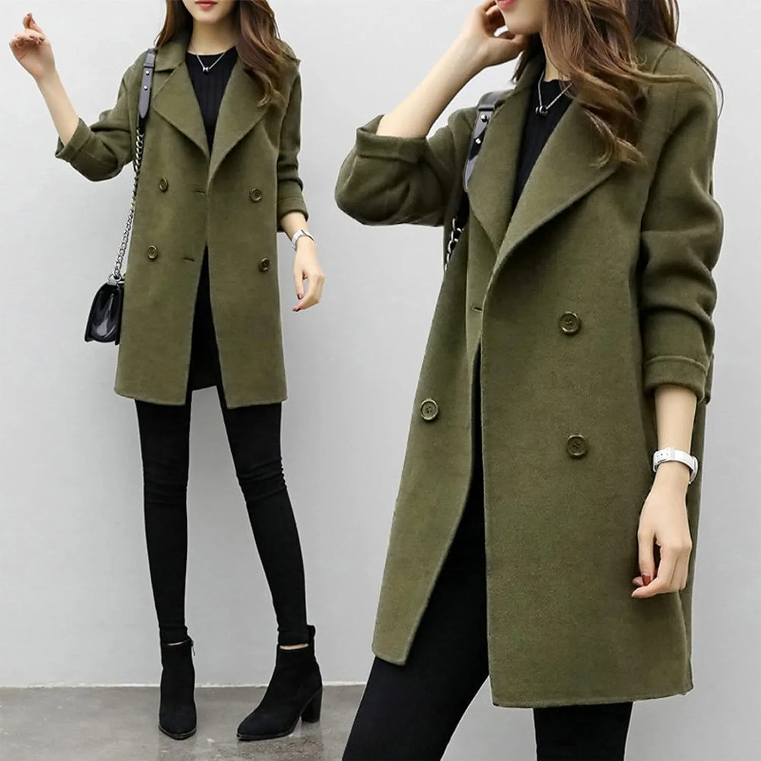 Women's Winter Fashion Coats Solid Color Woolen Coat Casual Long Jacket Outwear Cardigan Slim Trench Coat Overcoat