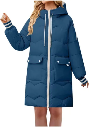 Women's Winter Puffer Coats Oversized Zipper Hooded Down Jackets Thick Warm Windproof Outdoor Knee Length Outerwear