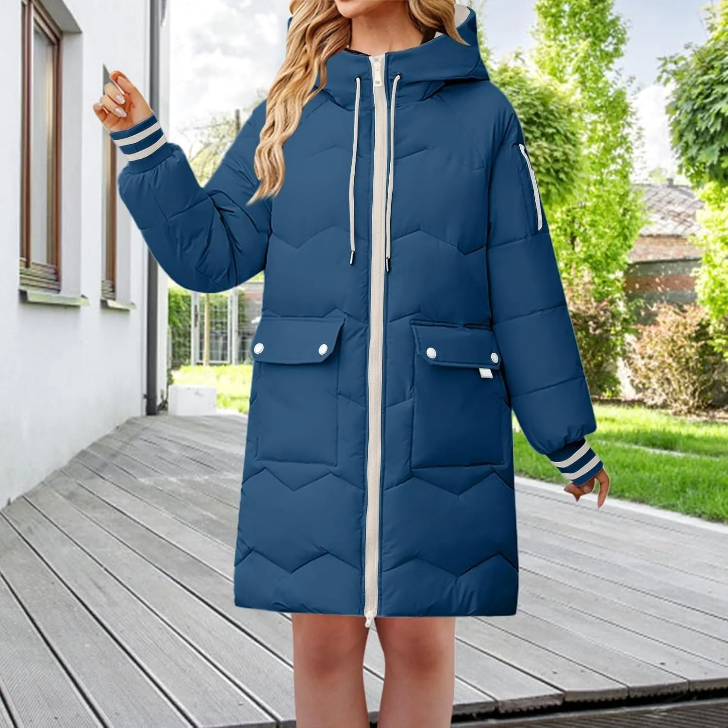 Women's Winter Puffer Coats Oversized Zipper Hooded Down Jackets Thick Warm Windproof Outdoor Knee Length Outerwear