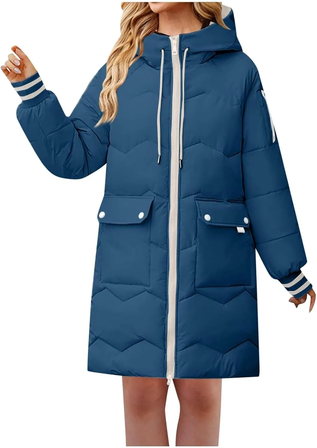Women's Winter Puffer Coats Oversized Zipper Hooded Down Jackets Thick Warm Windproof Outdoor Knee Length Outerwear