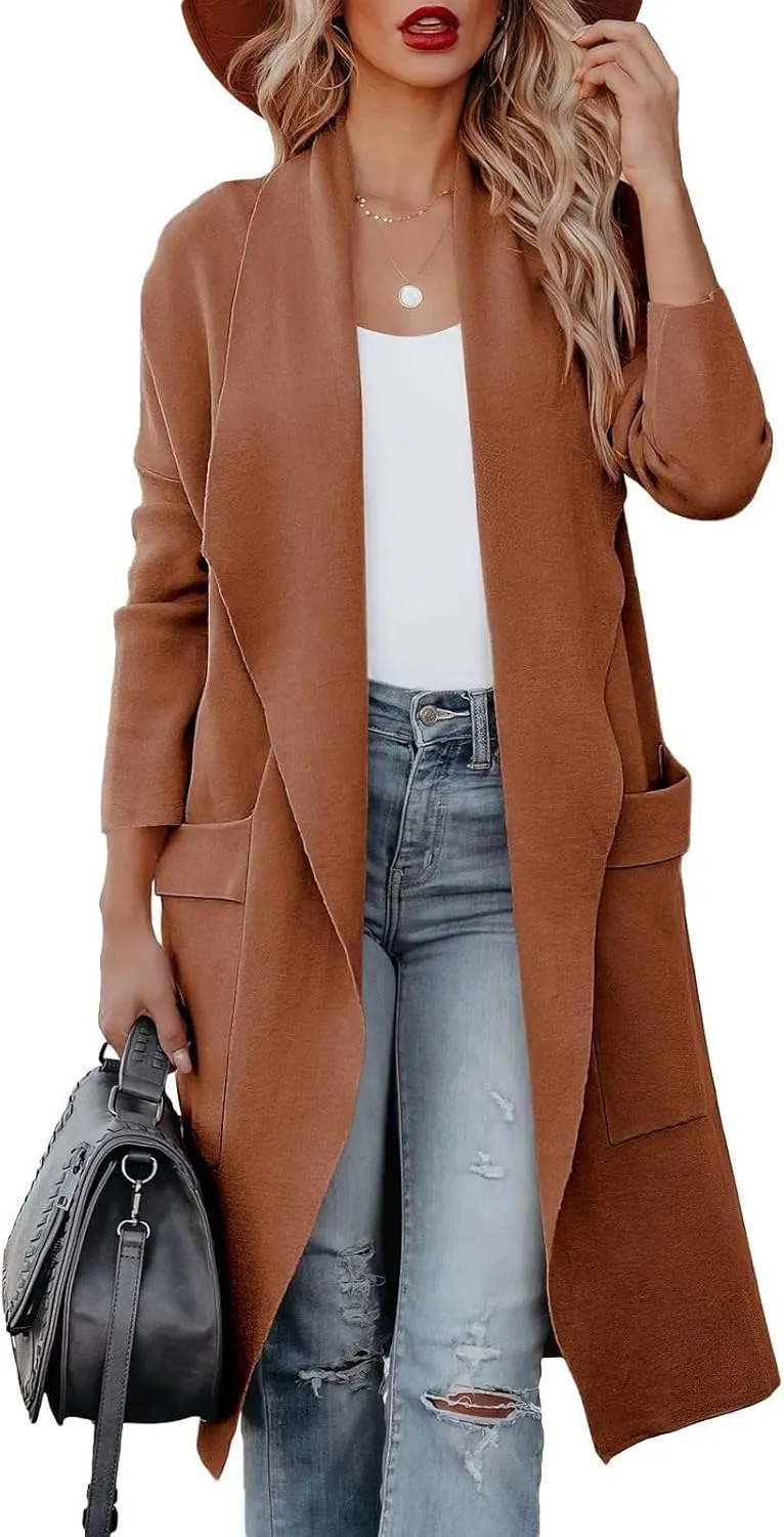 Womens Wool Blend Coat Casual Loose Lapel Open Front Cardigan Oversized Knit Long Sleeve Jacket Winter Overcoat