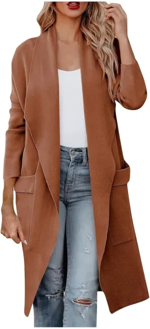 Womens Wool Blend Coat Casual Loose Lapel Open Front Cardigan Oversized Knit Long Sleeve Jacket Winter Overcoat