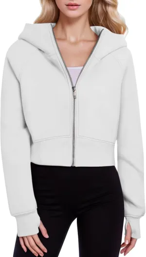 Womens Zip Up Hoodies Cropped Sweatshirts Casual Hooded Pullover Sweaters Tops Fashion Solid Fall Outfits Outwear