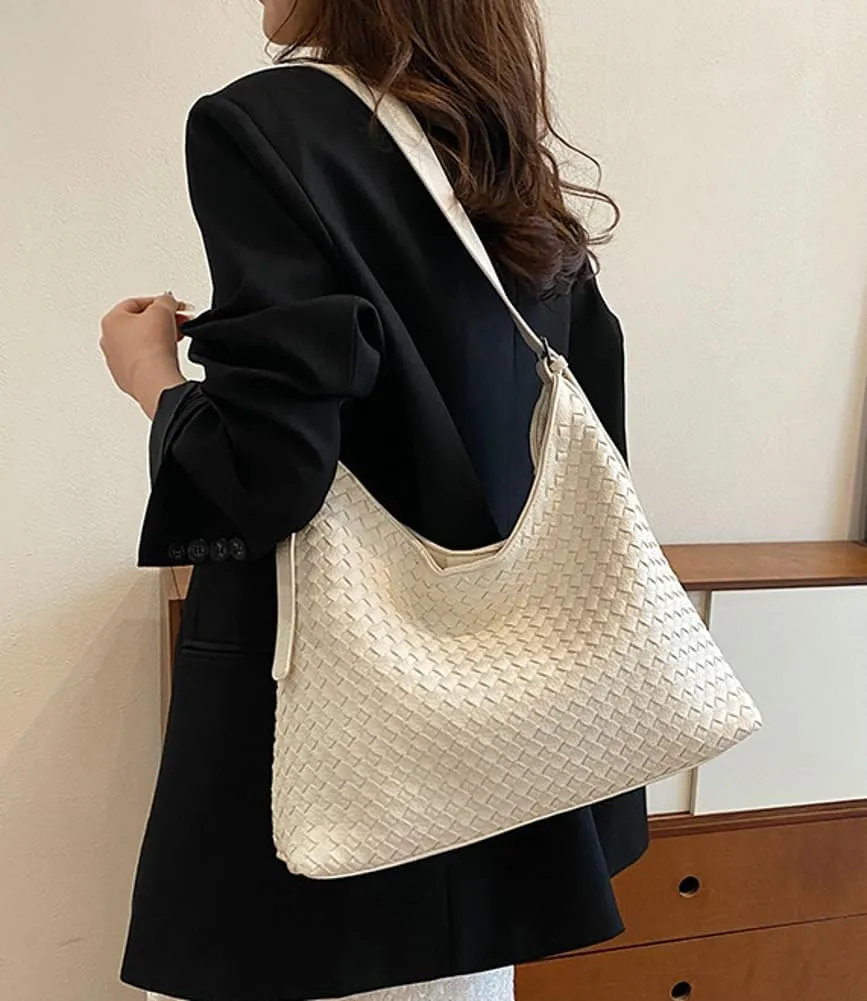 Woven Bags Women Slouchy Underarm Woven Tote Bag Trendy PU Leather Hobo Purse Vintage Shoulder Satchels Handbag for Work