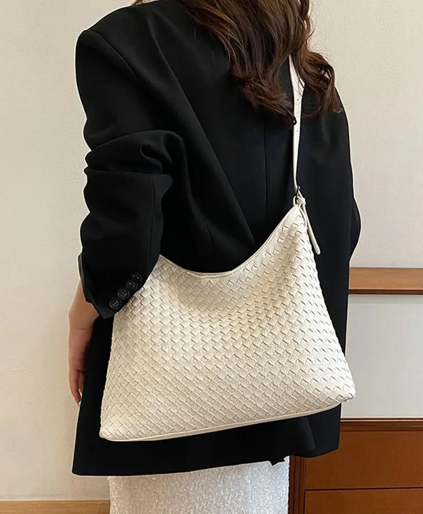 Woven Bags Women Slouchy Underarm Woven Tote Bag Trendy PU Leather Hobo Purse Vintage Shoulder Satchels Handbag for Work