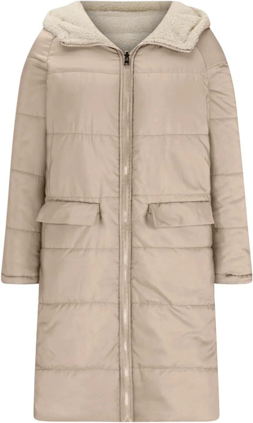 XUNRYAN Womens Sherpa Puffer Jackets Zip Up Long Parka Quilted Lightweight Down Coat Fleece Lined Outdoor Anorak Hood