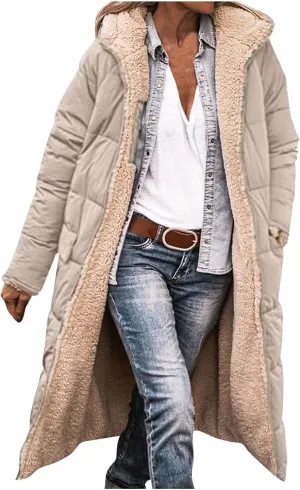XUNRYAN Womens Sherpa Puffer Jackets Zip Up Long Parka Quilted Lightweight Down Coat Fleece Lined Outdoor Anorak Hood