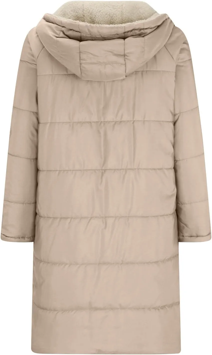 XUNRYAN Womens Sherpa Puffer Jackets Zip Up Long Parka Quilted Lightweight Down Coat Fleece Lined Outdoor Anorak Hood