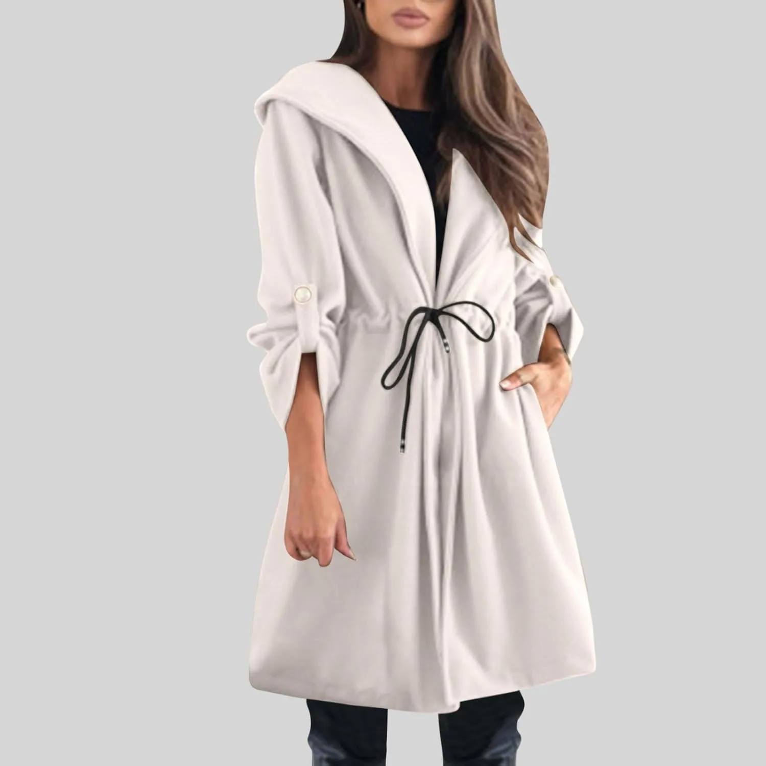 XUNRYAN Womens Trench Coat Long Hoodies Jackets Drawstring Waist Cardigan Wool-Blend Overcoat Outwear Winter Fall Fashion