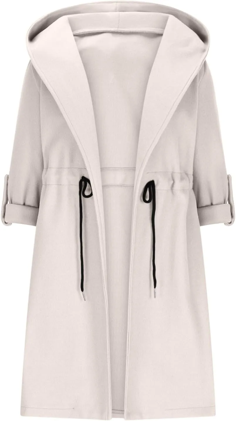 XUNRYAN Womens Trench Coat Long Hoodies Jackets Drawstring Waist Cardigan Wool-Blend Overcoat Outwear Winter Fall Fashion