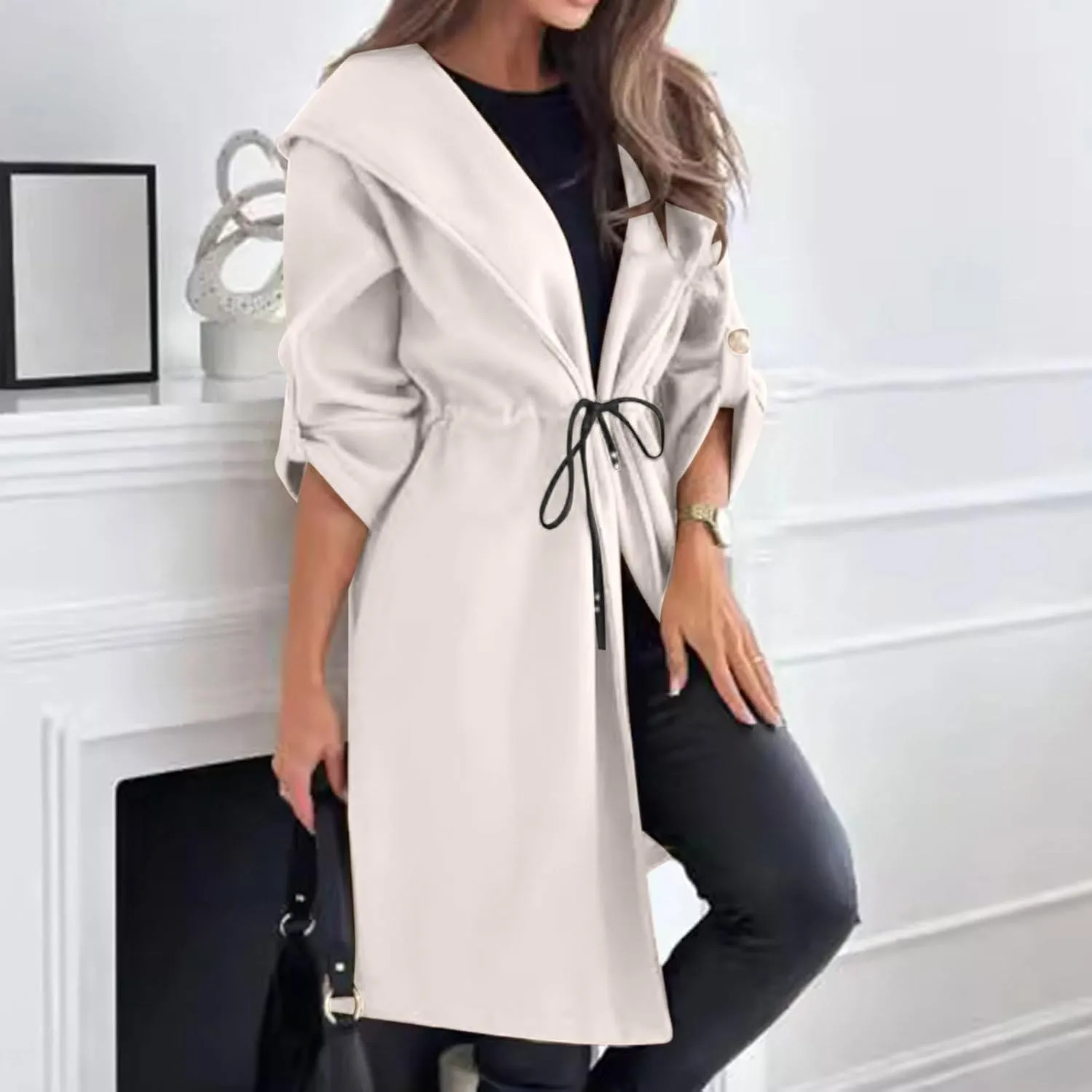XUNRYAN Womens Trench Coat Long Hoodies Jackets Drawstring Waist Cardigan Wool-Blend Overcoat Outwear Winter Fall Fashion