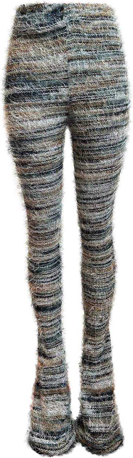 XZLUFNY Women's Stacked Fuzzy Pants High Waisted Striped Knit Sweatpnts Leggings