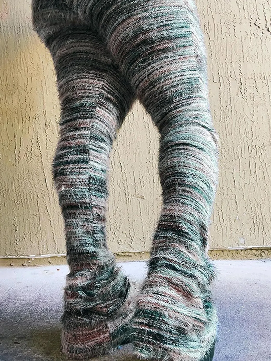 XZLUFNY Women's Stacked Fuzzy Pants High Waisted Striped Knit Sweatpnts Leggings