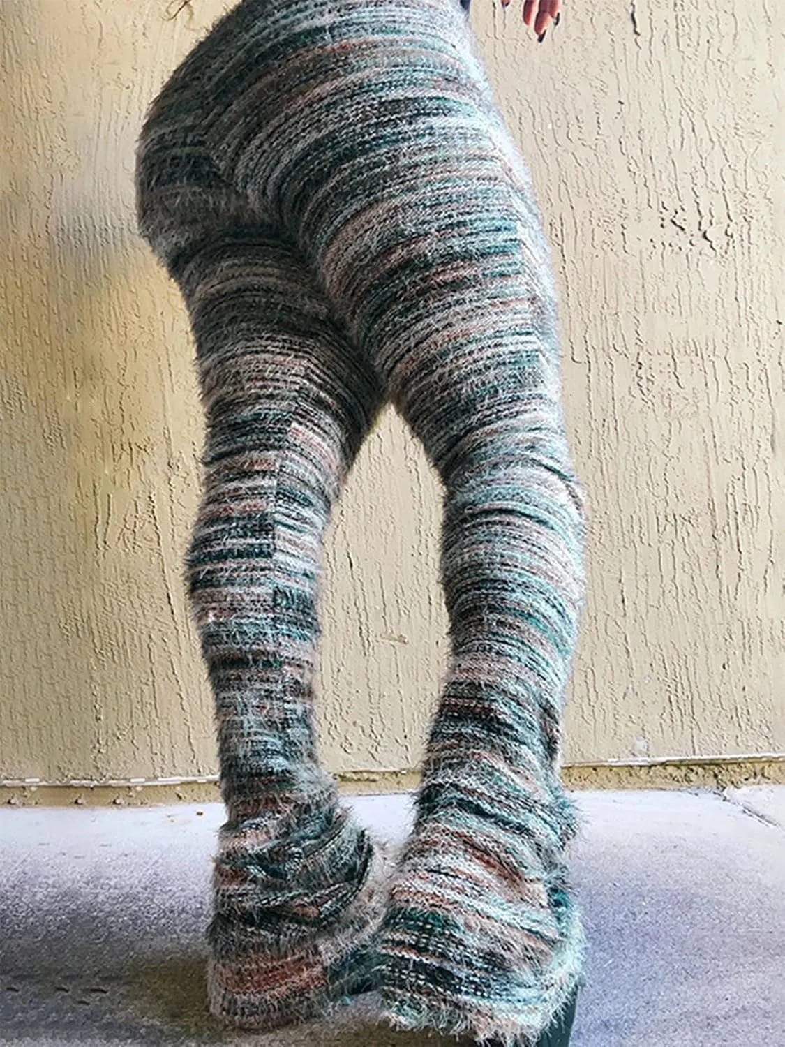 XZLUFNY Women's Stacked Fuzzy Pants High Waisted Striped Knit Sweatpnts Leggings