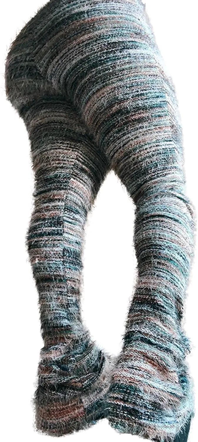 XZLUFNY Women's Stacked Fuzzy Pants High Waisted Striped Knit Sweatpnts Leggings