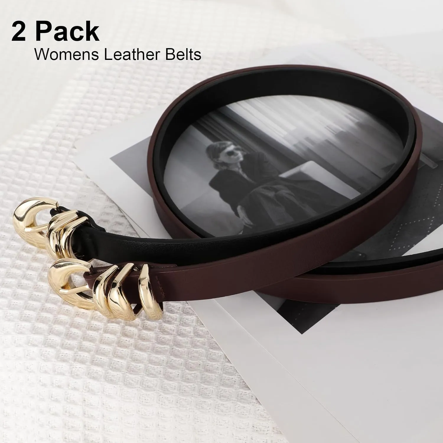 XZQTIVE 2 Pack 0.71'' Womens Skinny Leather Belts for Ladies Thin Waist Belt for Jeans Dress Pants with Fashion Gold Buckle