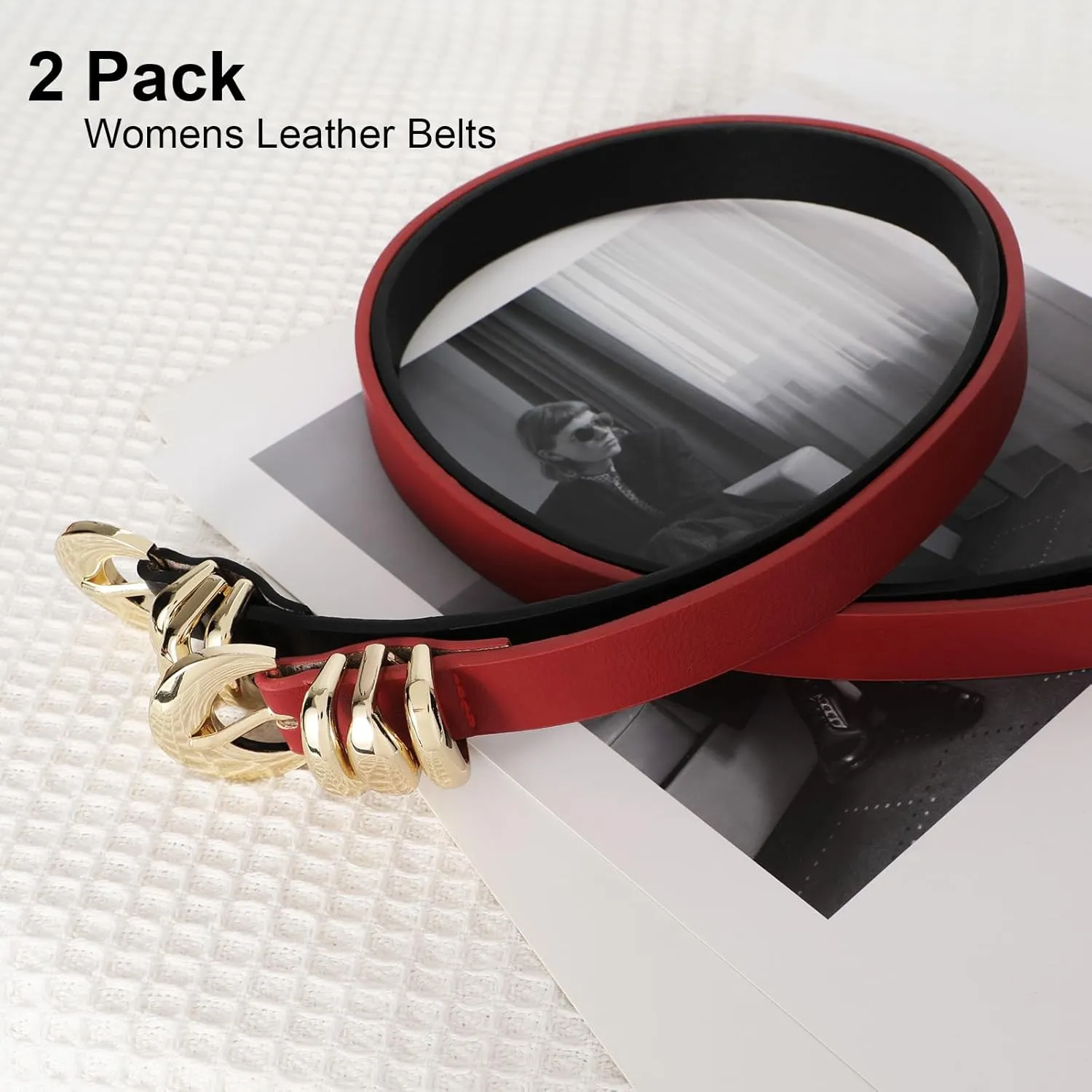 XZQTIVE 2 Pack 0.71'' Womens Skinny Leather Belts for Ladies Thin Waist Belt for Jeans Dress Pants with Fashion Gold Buckle