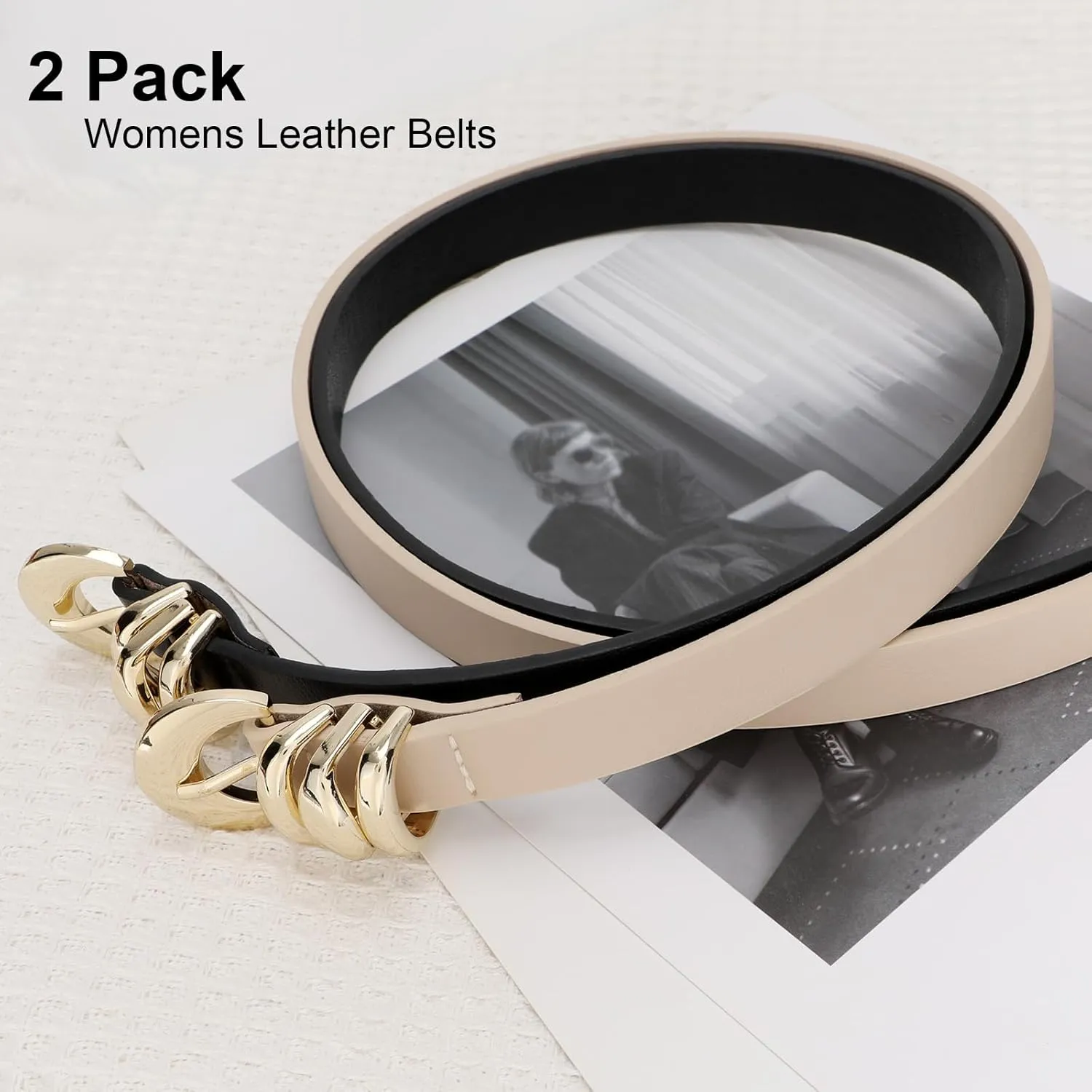 XZQTIVE 2 Pack 0.71'' Womens Skinny Leather Belts for Ladies Thin Waist Belt for Jeans Dress Pants with Fashion Gold Buckle