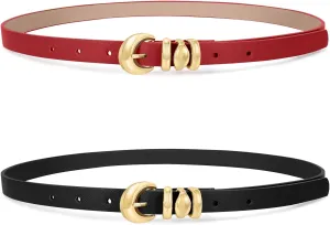 XZQTIVE 2 Pack 0.71'' Womens Skinny Leather Belts for Ladies Thin Waist Belt for Jeans Dress Pants with Fashion Gold Buckle