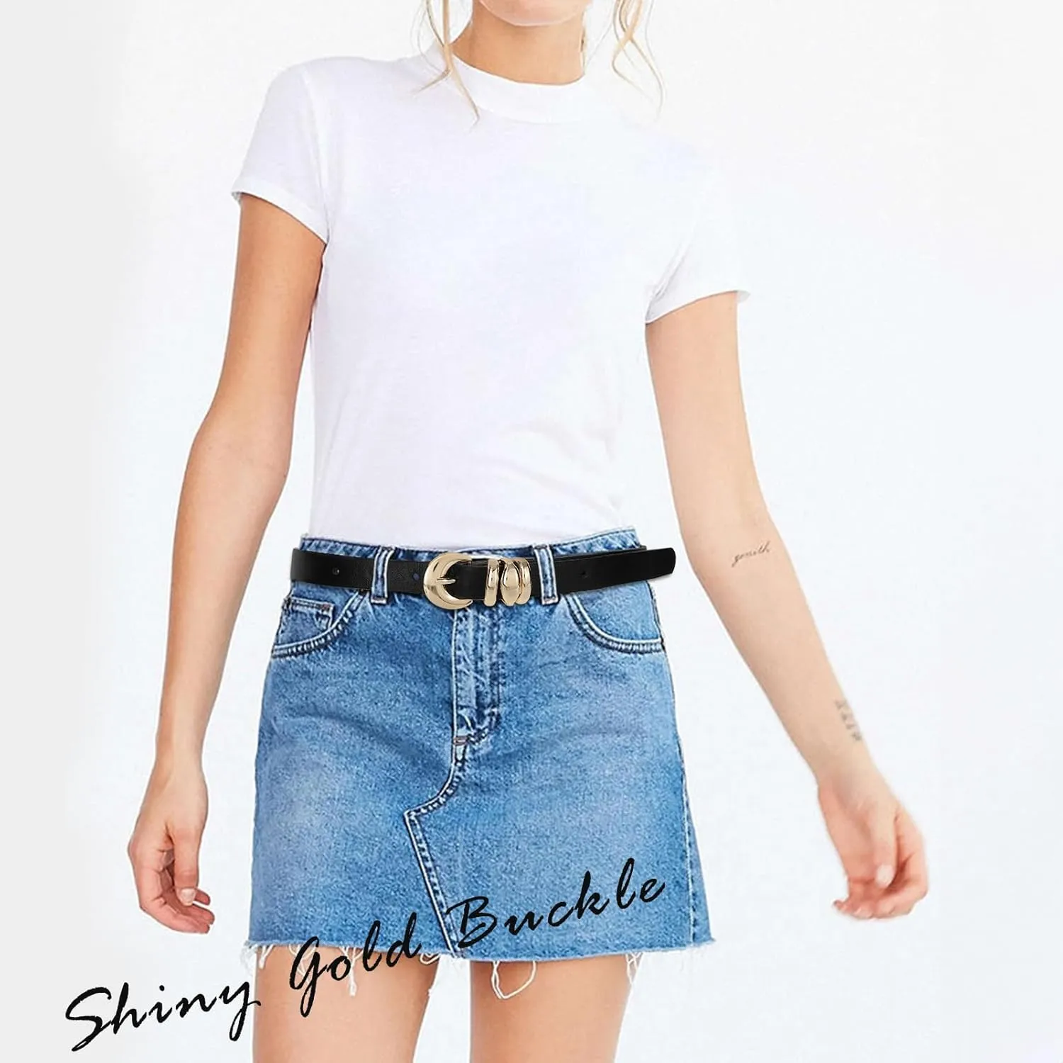 XZQTIVE 2 Pack 0.71'' Womens Skinny Leather Belts for Ladies Thin Waist Belt for Jeans Dress Pants with Fashion Gold Buckle