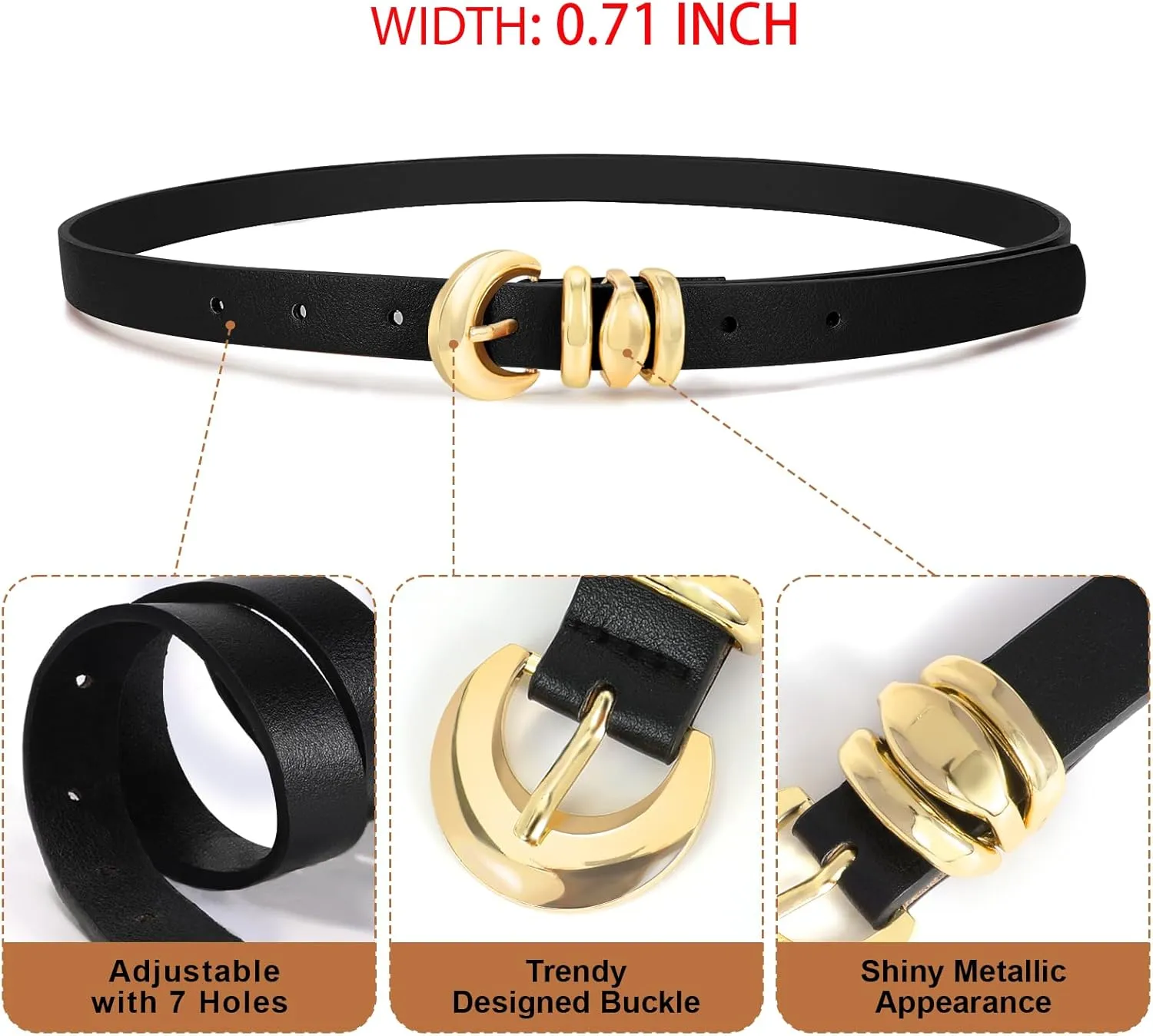 XZQTIVE 2 Pack 0.71'' Womens Skinny Leather Belts for Ladies Thin Waist Belt for Jeans Dress Pants with Fashion Gold Buckle