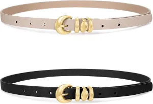 XZQTIVE 2 Pack 0.71'' Womens Skinny Leather Belts for Ladies Thin Waist Belt for Jeans Dress Pants with Fashion Gold Buckle