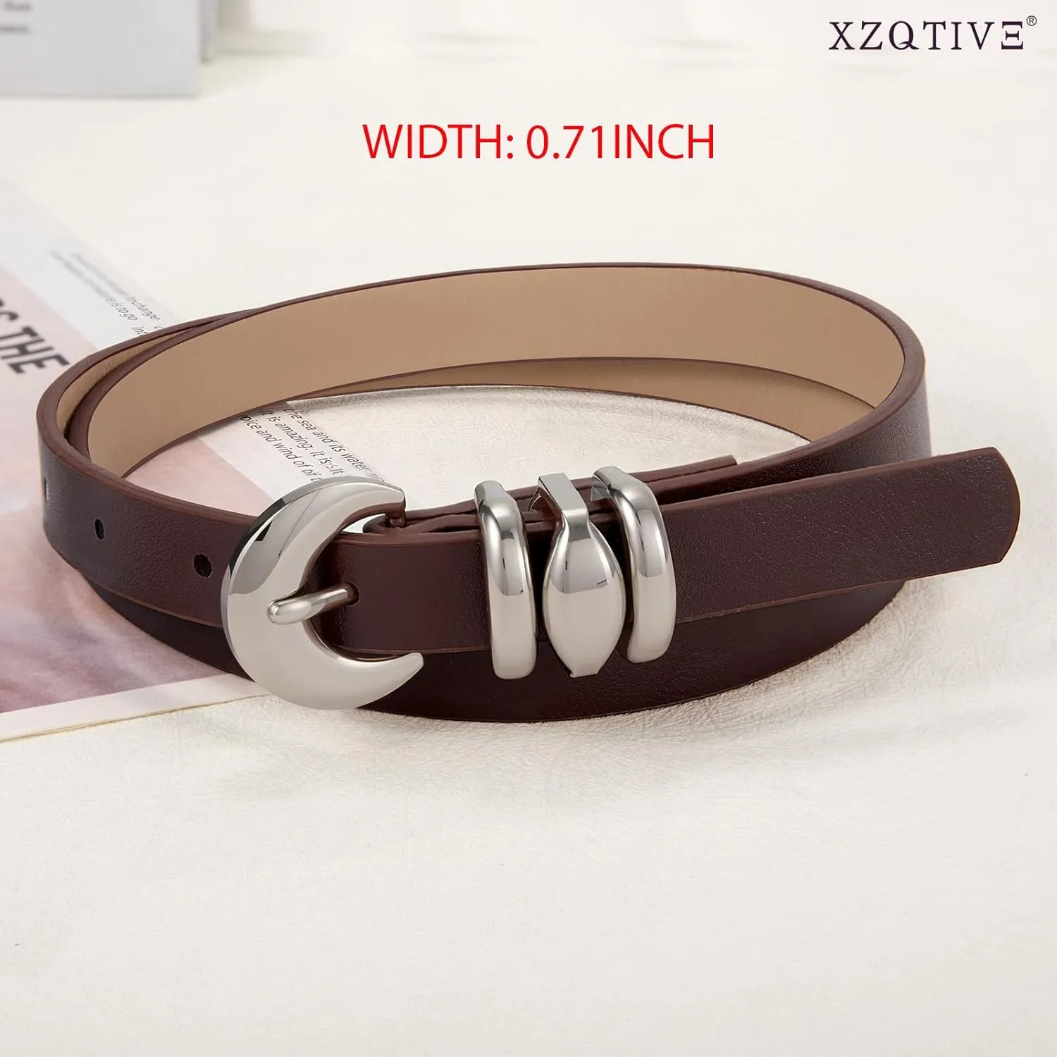 XZQTIVE 2 Pack 0.71'' Womens Skinny Leather Belts for Ladies Thin Waist Belt for Jeans Dress Pants with Fashion Gold Buckle