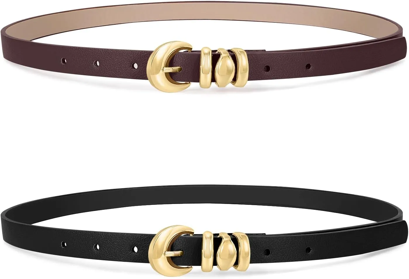 XZQTIVE 2 Pack 0.71'' Womens Skinny Leather Belts for Ladies Thin Waist Belt for Jeans Dress Pants with Fashion Gold Buckle