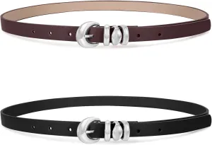 XZQTIVE 2 Pack 0.71'' Womens Skinny Leather Belts for Ladies Thin Waist Belt for Jeans Dress Pants with Fashion Gold Buckle