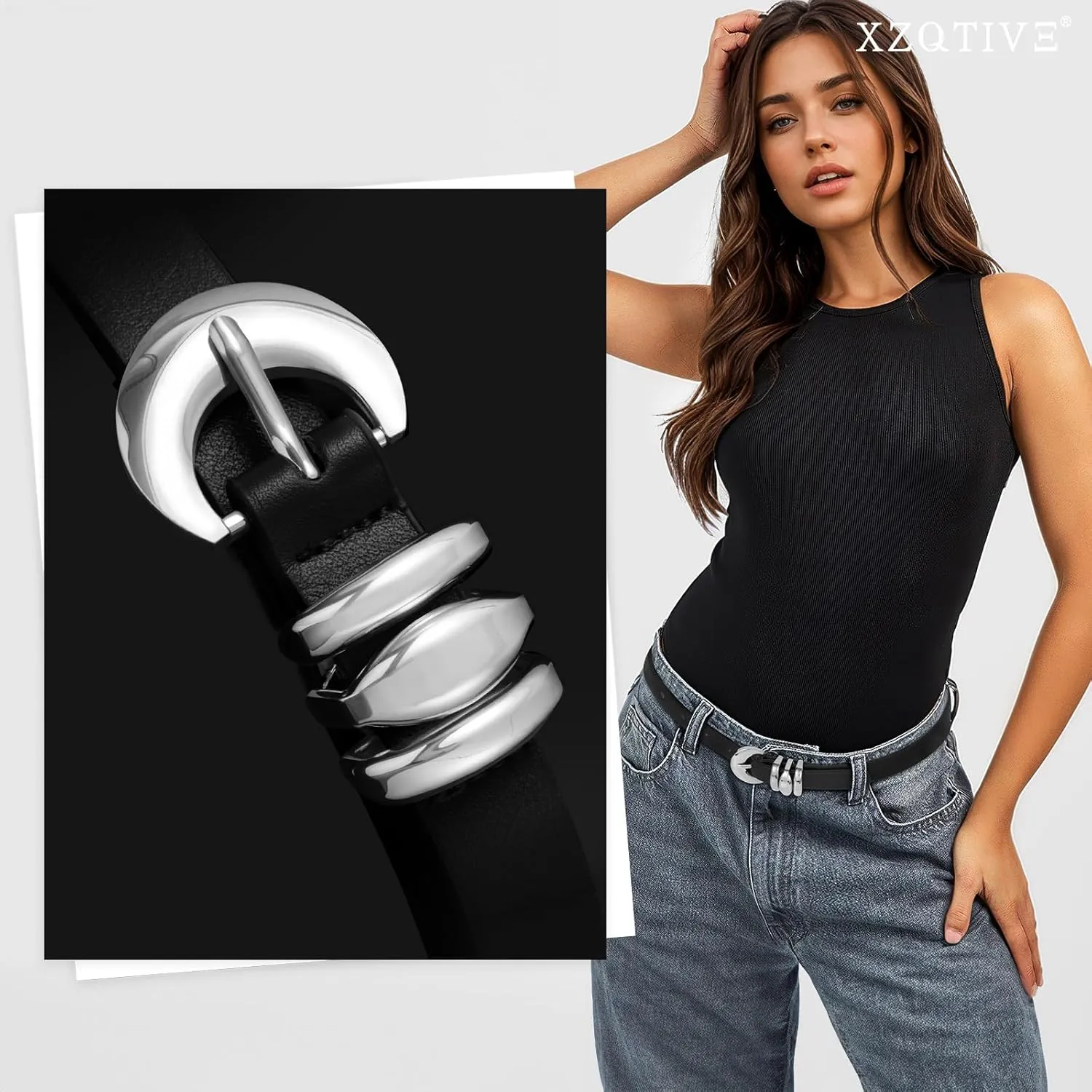 XZQTIVE 2 Pack 0.71'' Womens Skinny Leather Belts for Ladies Thin Waist Belt for Jeans Dress Pants with Fashion Gold Buckle