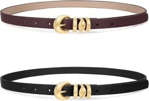 XZQTIVE 2 Pack 0.71'' Womens Skinny Leather Belts for Ladies Thin Waist Belt for Jeans Dress Pants with Fashion Gold Buckle
