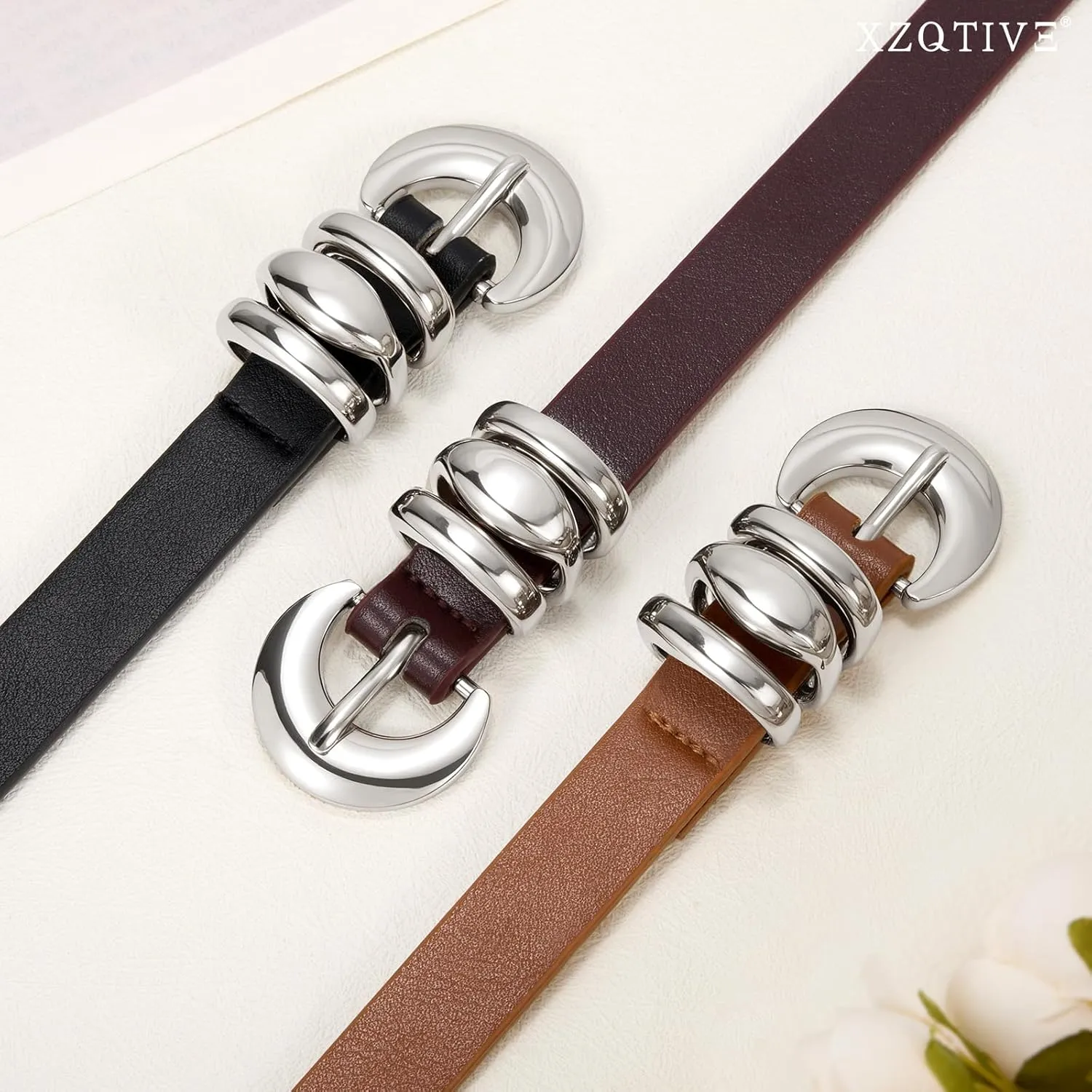 XZQTIVE 2 Pack 0.71'' Womens Skinny Leather Belts for Ladies Thin Waist Belt for Jeans Dress Pants with Fashion Gold Buckle
