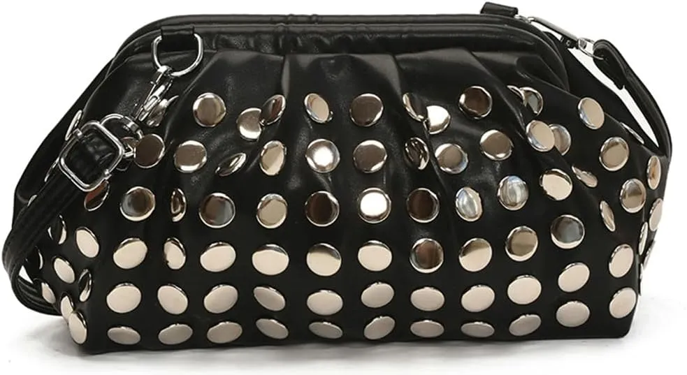 Y2k Studded Crescent Crossbody Purse Hobo Bags Women 90s Trendy Shoulder Satchels PU Leather Punk Underarm Tote Handbag