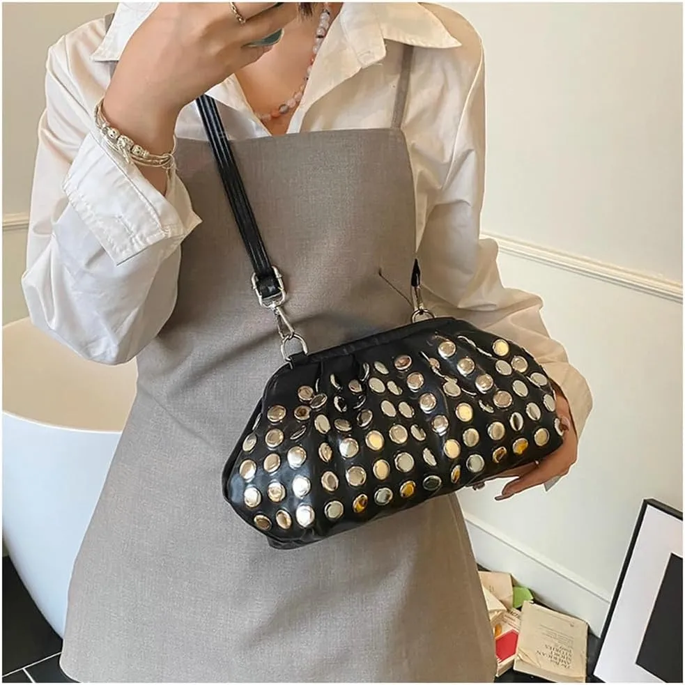 Y2k Studded Crescent Crossbody Purse Hobo Bags Women 90s Trendy Shoulder Satchels PU Leather Punk Underarm Tote Handbag