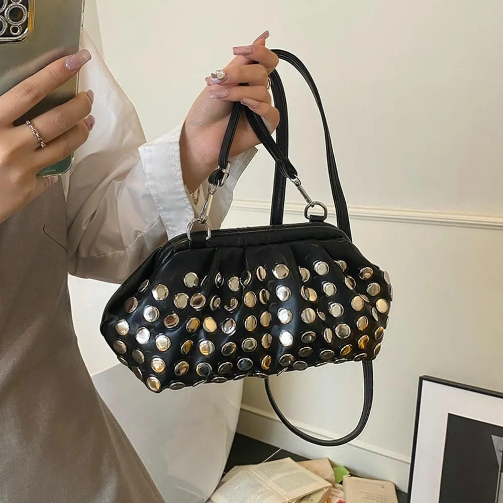 Y2k Studded Crescent Crossbody Purse Hobo Bags Women 90s Trendy Shoulder Satchels PU Leather Punk Underarm Tote Handbag