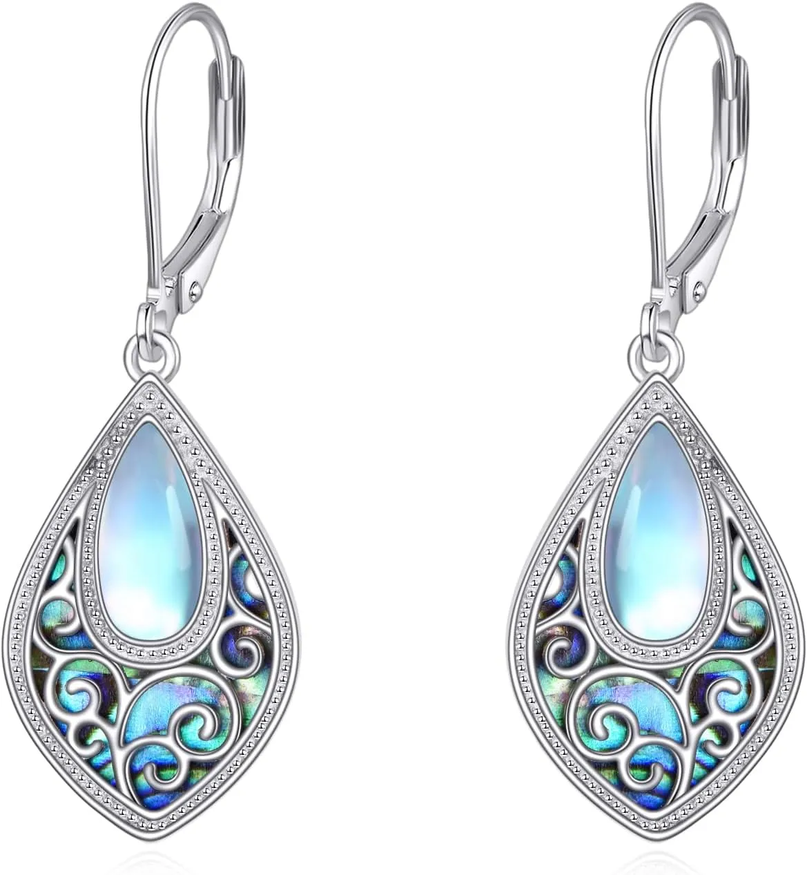 YAFEINI Filigree Moonstone Earrings 925 Sterling Silver Bohemian Filigree Drop Dangle Earrings Abalone Shell Filigree Jewelry Gifts For Women