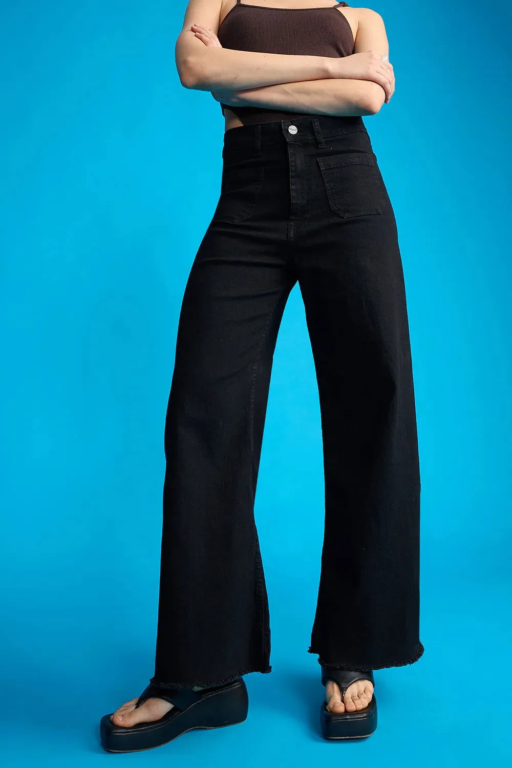 ZARA Black Utility Pocket Wide-Leg Frayed Hem Jeans.