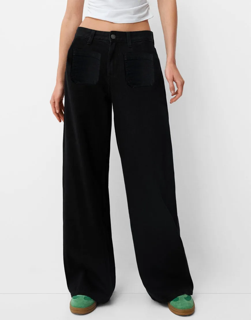 ZARA Black Utility Pocket Wide-Leg Frayed Hem Jeans.
