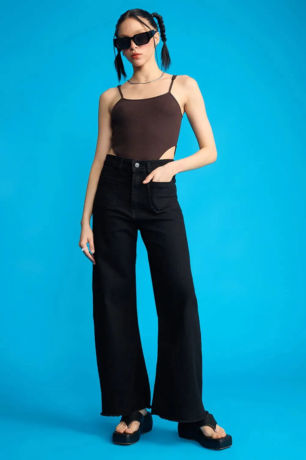 ZARA Black Utility Pocket Wide-Leg Frayed Hem Jeans.