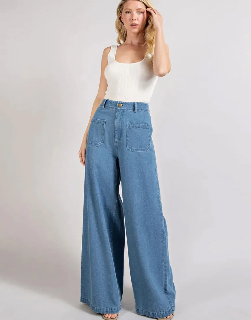 ZARA Light Blue Utility Pocket Wide-Leg Frayed Hem Jeans.