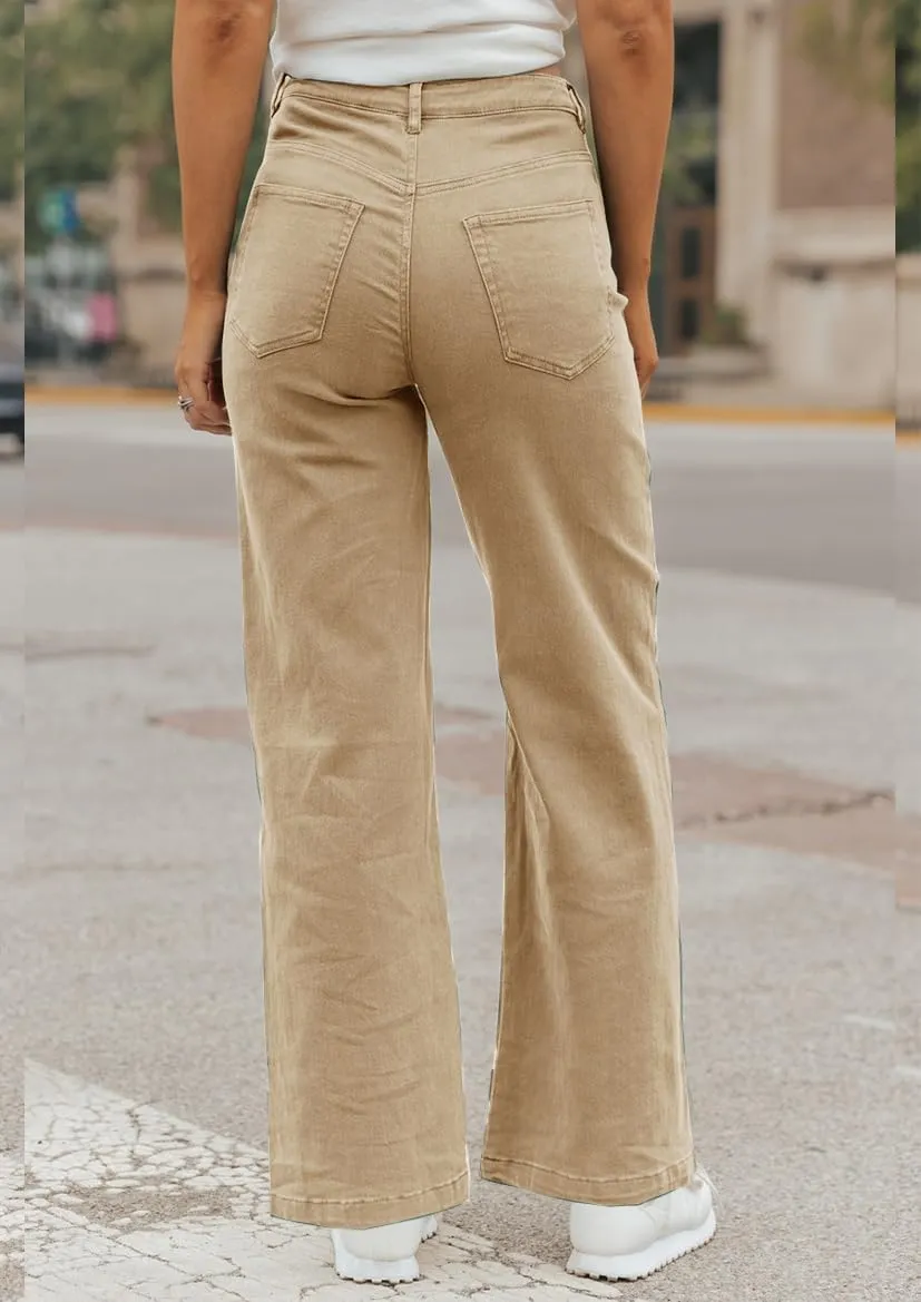 ZC&GF Women's Wide Leg Pants Loose Straight Pants Back High Elastic Waist Business Work Pants Trousers Long Pants