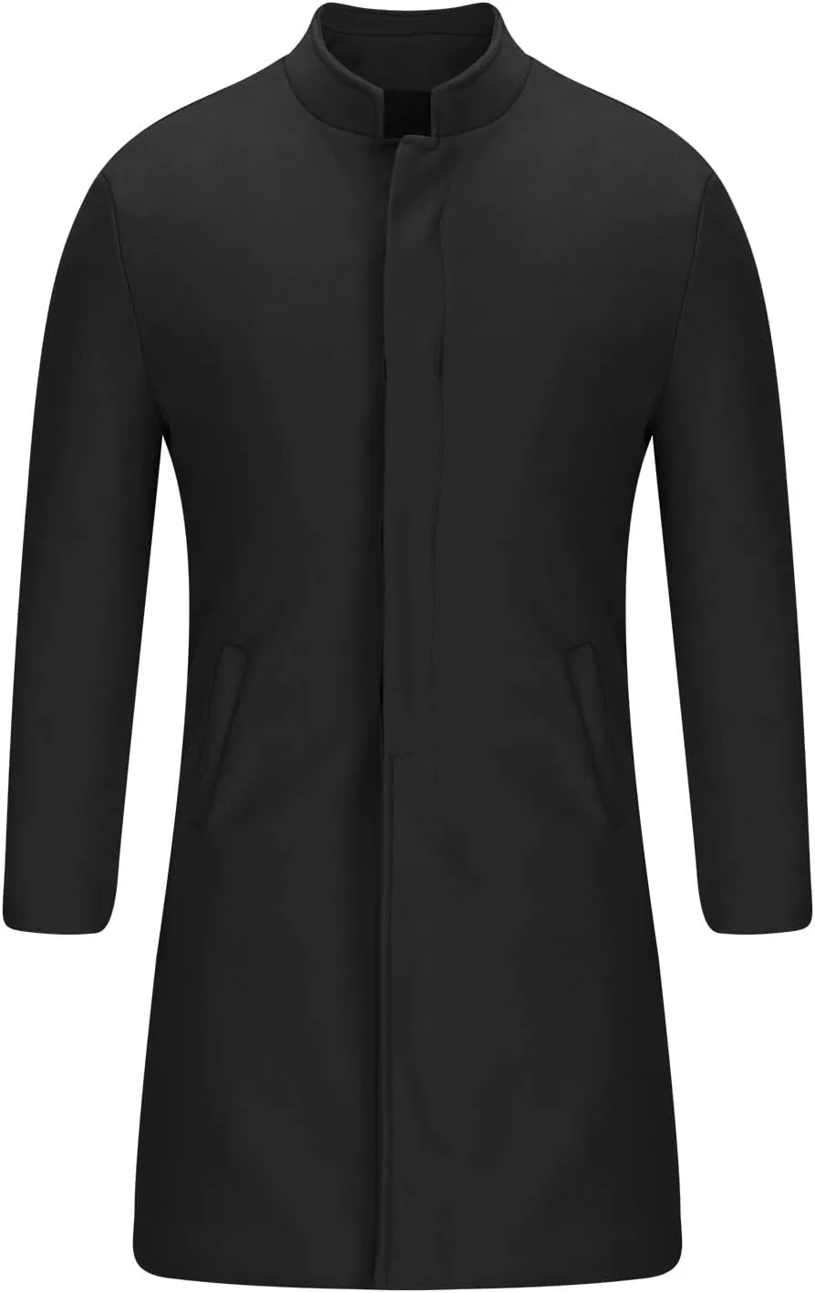 Zeiyignr Men's Trench Coat Mandarin Collar Long Formal Jacket Solid Slim Fit Single Breasted Pea Coats Wool Blend Overcoat