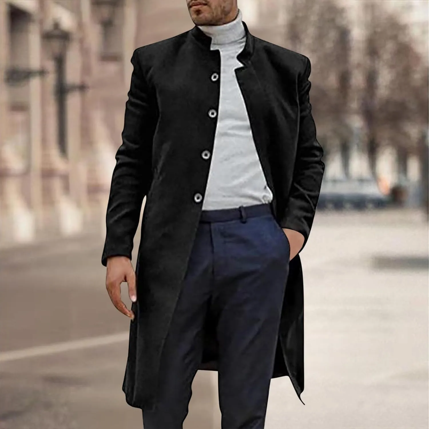 Zeiyignr Men's Trench Coat Mandarin Collar Long Formal Jacket Solid Slim Fit Single Breasted Pea Coats Wool Blend Overcoat